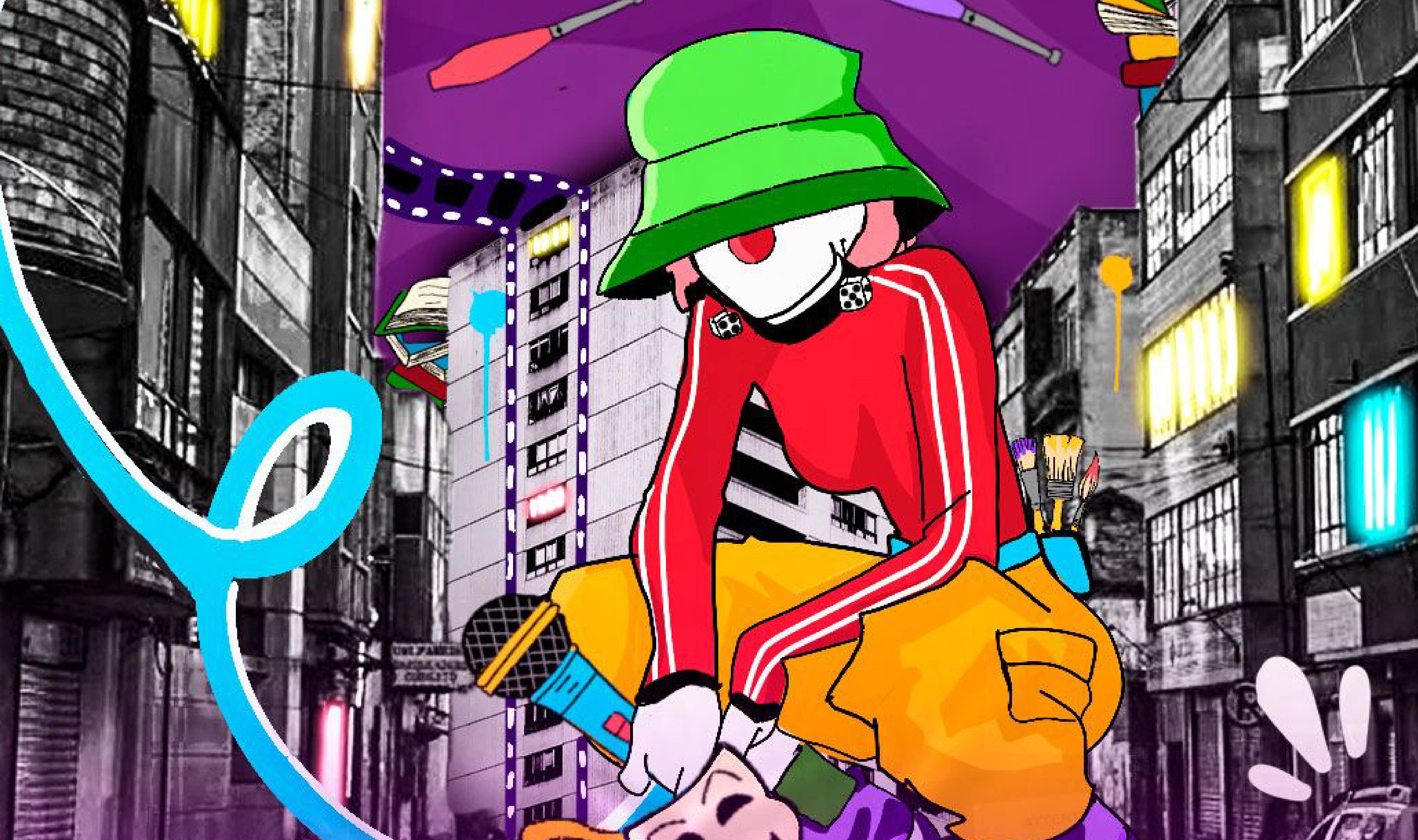 Ilustración de un personaje, parece ser un mimo, con un micrófono y una máscara en la mano rodeado de un paisaje urbano em el que sobresalen elementos de circo