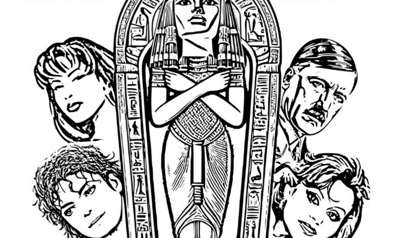 Ilustración de un sarcófago con personas famosas alrededor de él