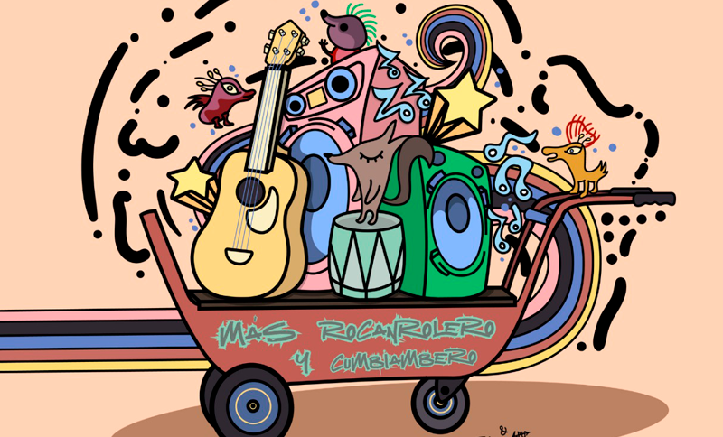Ilustración de carretilla con animales e instrumentos