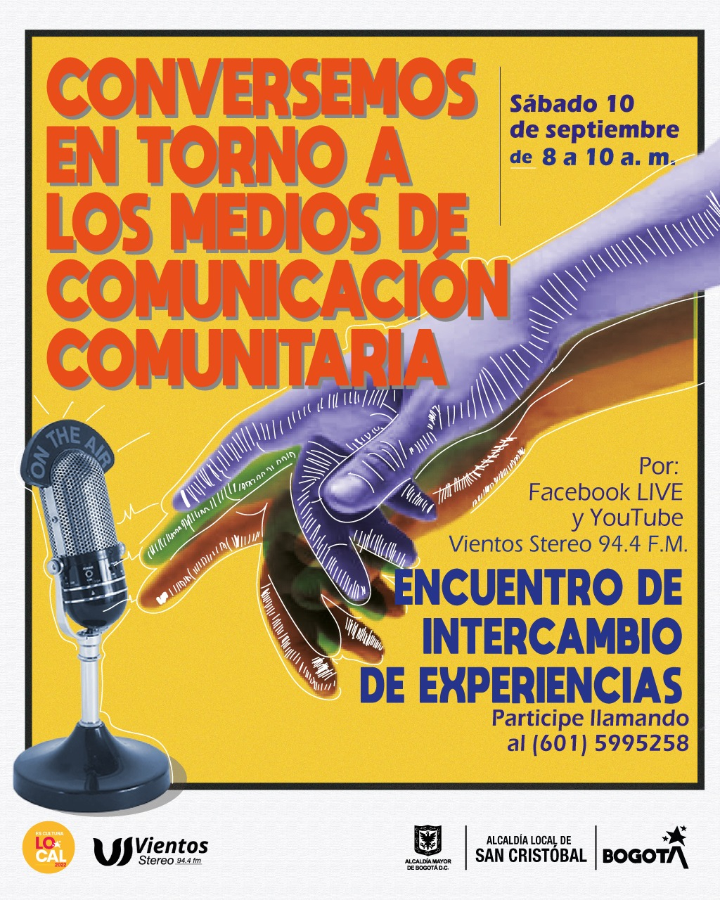 Flayer del evento. Cuenta con una ilustración que atraviesa la pieza desde la esquina superior derecha hasta la esquina inferior izquierda de una mano con dos sombras de diferente color (rojo, verde y azul) llegando a un micrófono. El resto de la pieza, es la información del evento.
