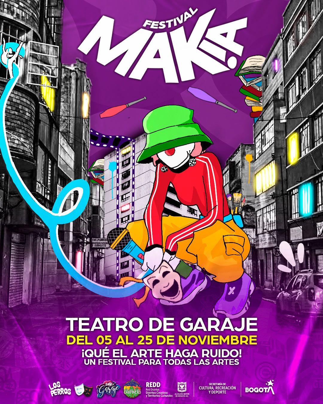Invitación del evento. Cuenta en el centro con una ilustración de un personaje, parece ser un mimo, con un micrófono y una máscara en la mano rodeado de un paisaje urbano em el que sobresalen elementos de circo.