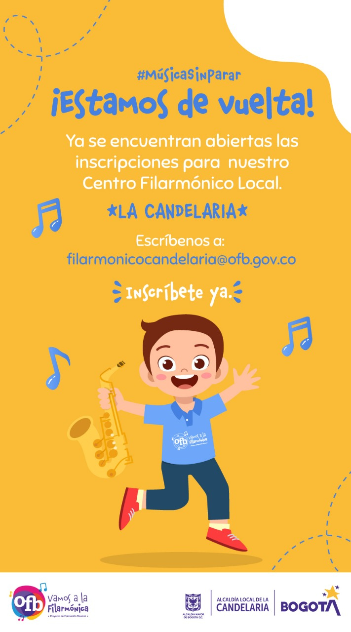 Flayer del evento en cuyo centro esta la ilustración de un niño con un saxofón