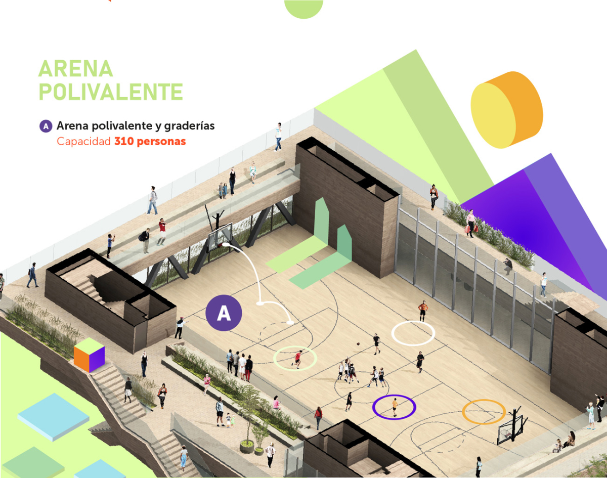 Arena polivalente:  A. Arena polivalente y graderías. Capacidad 310 personas.