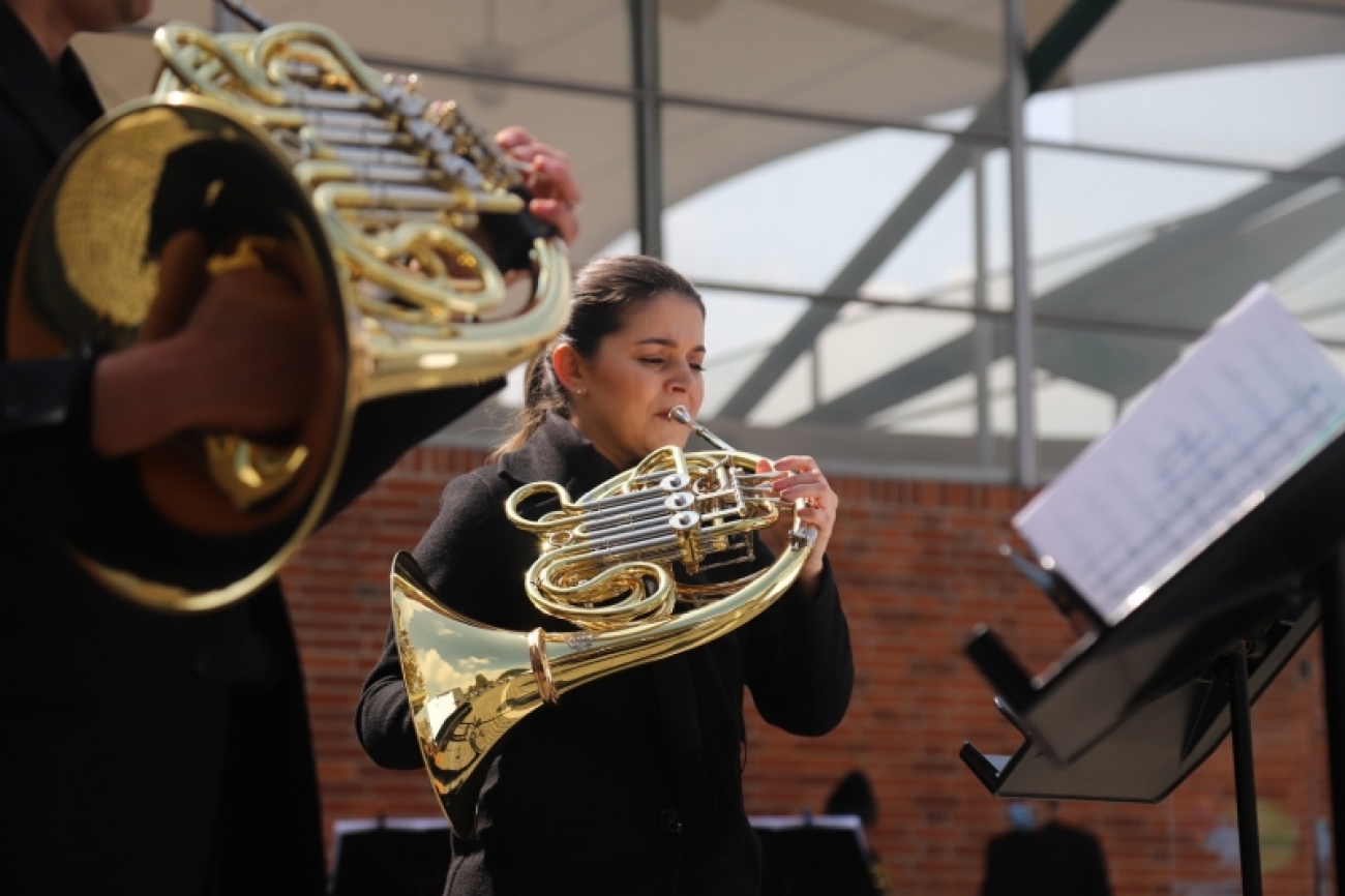 Mujer y hombre tocando tuba en un concierto