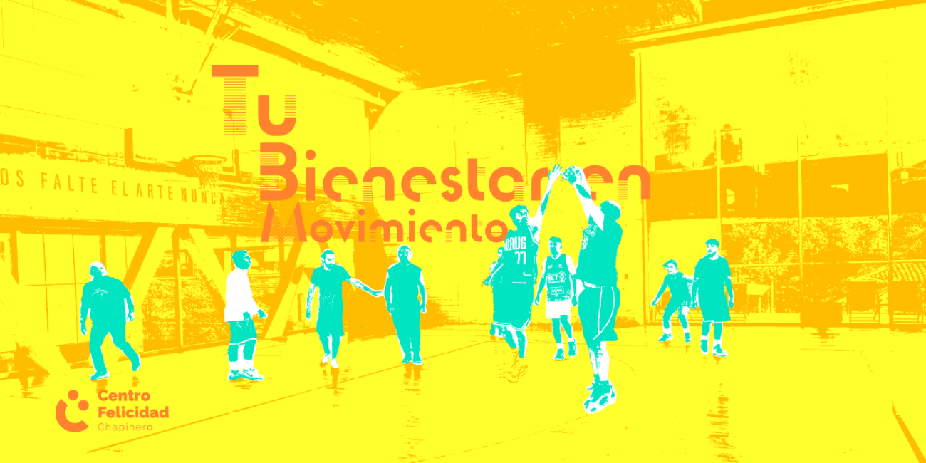 Pieza gráfica con deportistas jugando baloncesto en la arena polivalente del centro felicidad chapinero