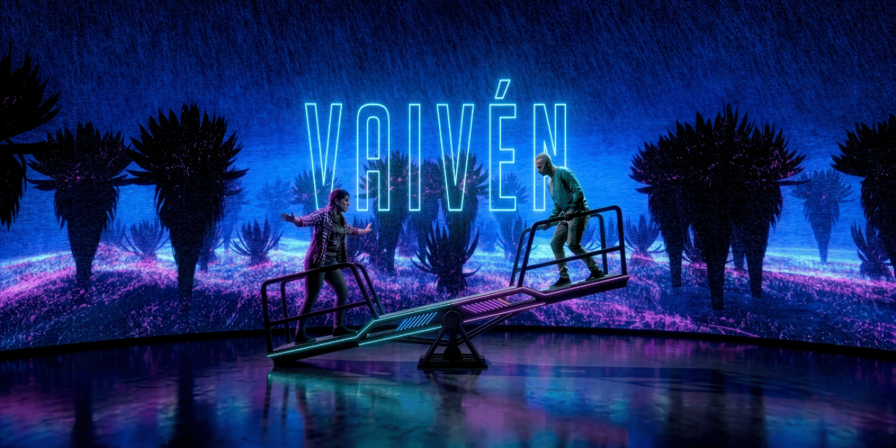 Render de la experiencia vaivén de dos personas rodeadas de animación