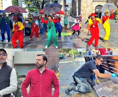 personas bailando, hablando y pintando