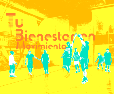 Pieza gráfica con deportistas jugando baloncesto en la arena polivalente del centro felicidad chapinero