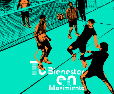 Afiche de la campaña Tu bienestar en Movimiento grupo de personas jugando voleibol
