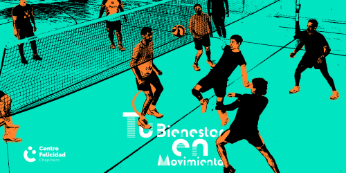 Afiche de la campaña Tu bienestar en Movimiento grupo de personas jugando voleibol
