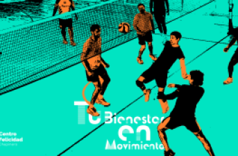 Afiche de la campaña Tu bienestar en Movimiento grupo de personas jugando voleibol