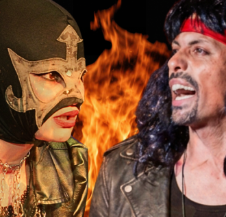 dos personas una con mascara de luchador y otra como rockero con fuego detras